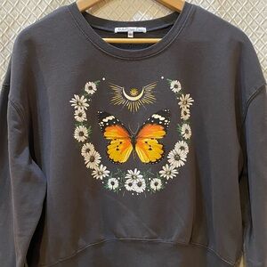Rebellious One Sweatshirt with Daisy/Butterfly Design. Gray/white/yellow. Small.